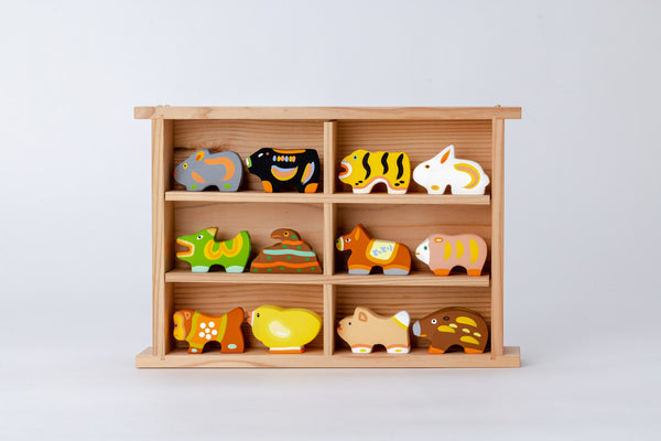 Japanese Zodiac Wooden Dolls Set - Cedar Wood Box